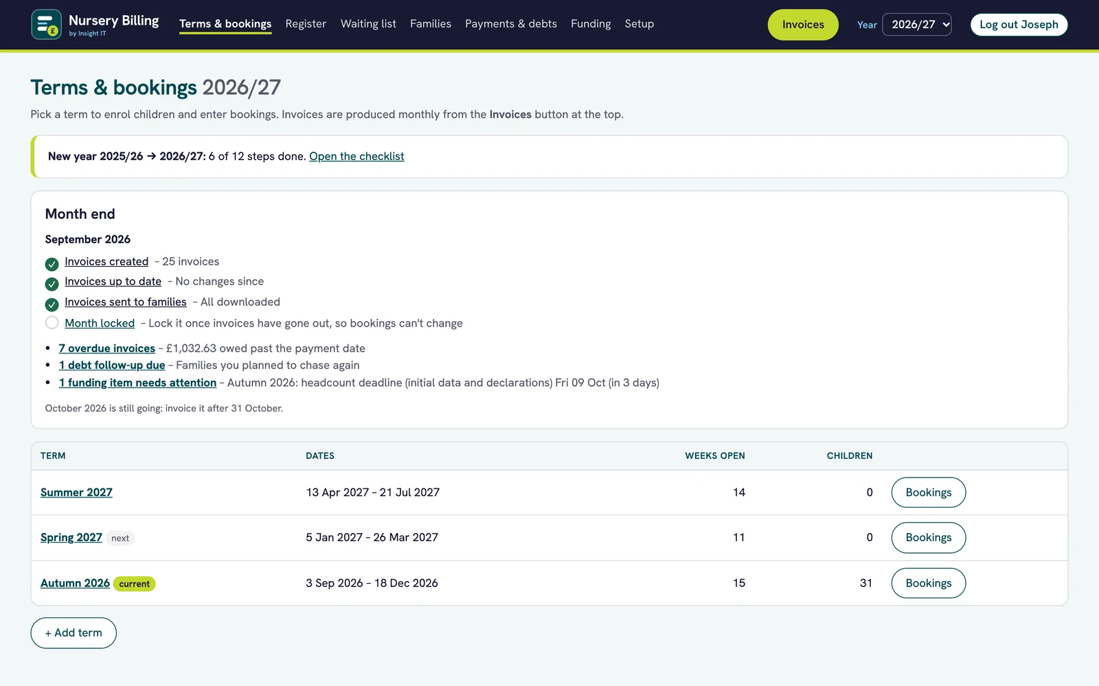 Nursery Billing dashboard showing the month-end checklist with three of four steps done, the list of terms and a new-year card.